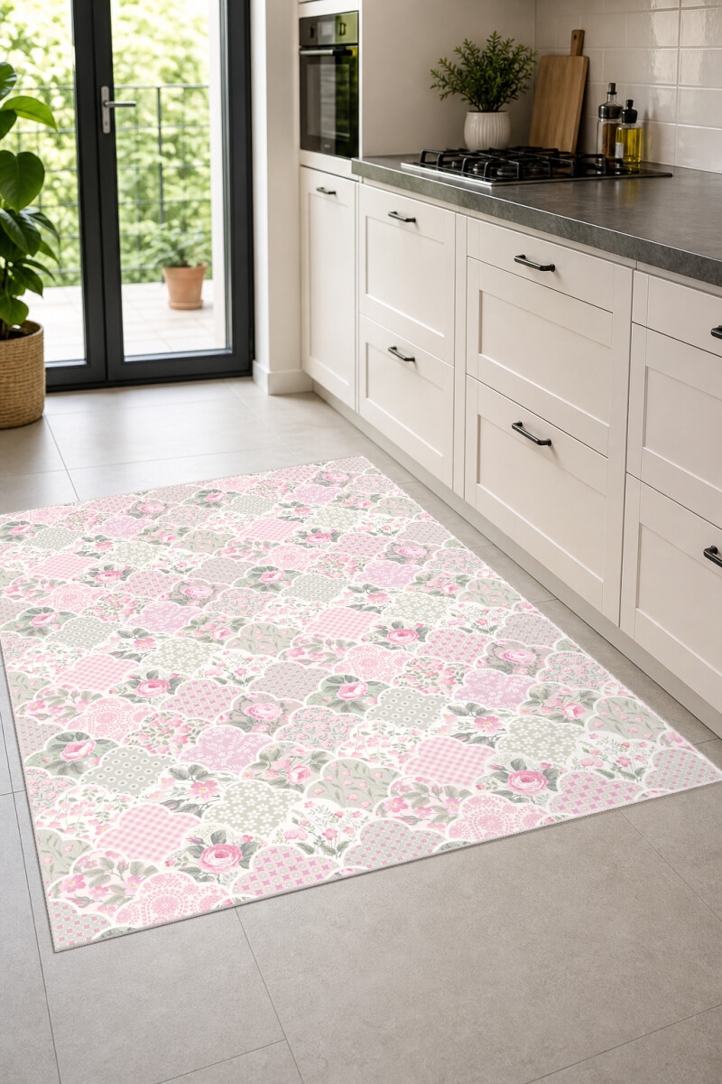 Çiçekli Patchwork Dekoratif Mutfak Halısı – Pembe Gri Fener Ogee Gül Puantiye Shabby Chic Narin