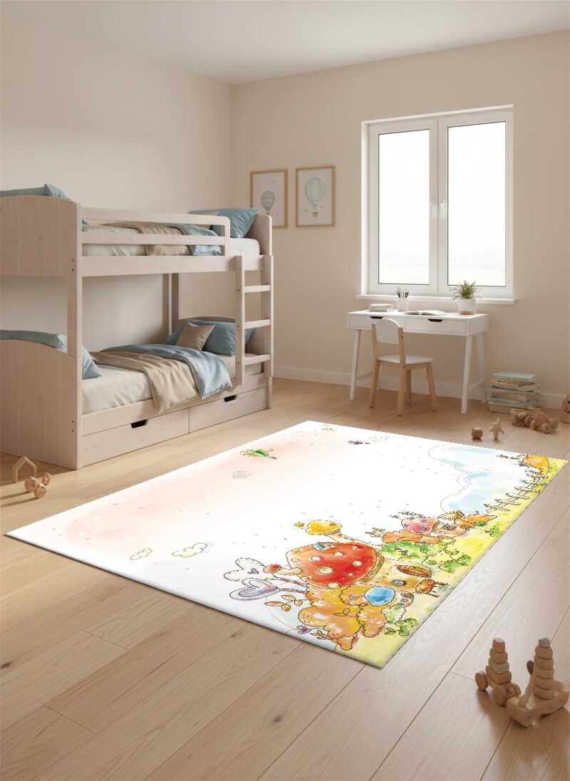Çizgi Çocuk Köyü Dekoratif Çocuk Odası Halısı – Pastel Suluboya Masal Köyü