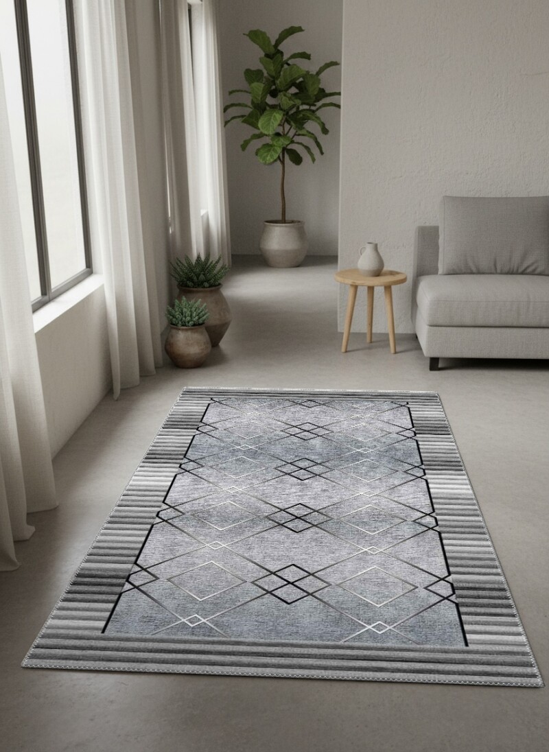 Çizgisel Bordürlü Geometrik Elmas Desenli Dekoratif Salon Halısı – Gri Gümüş