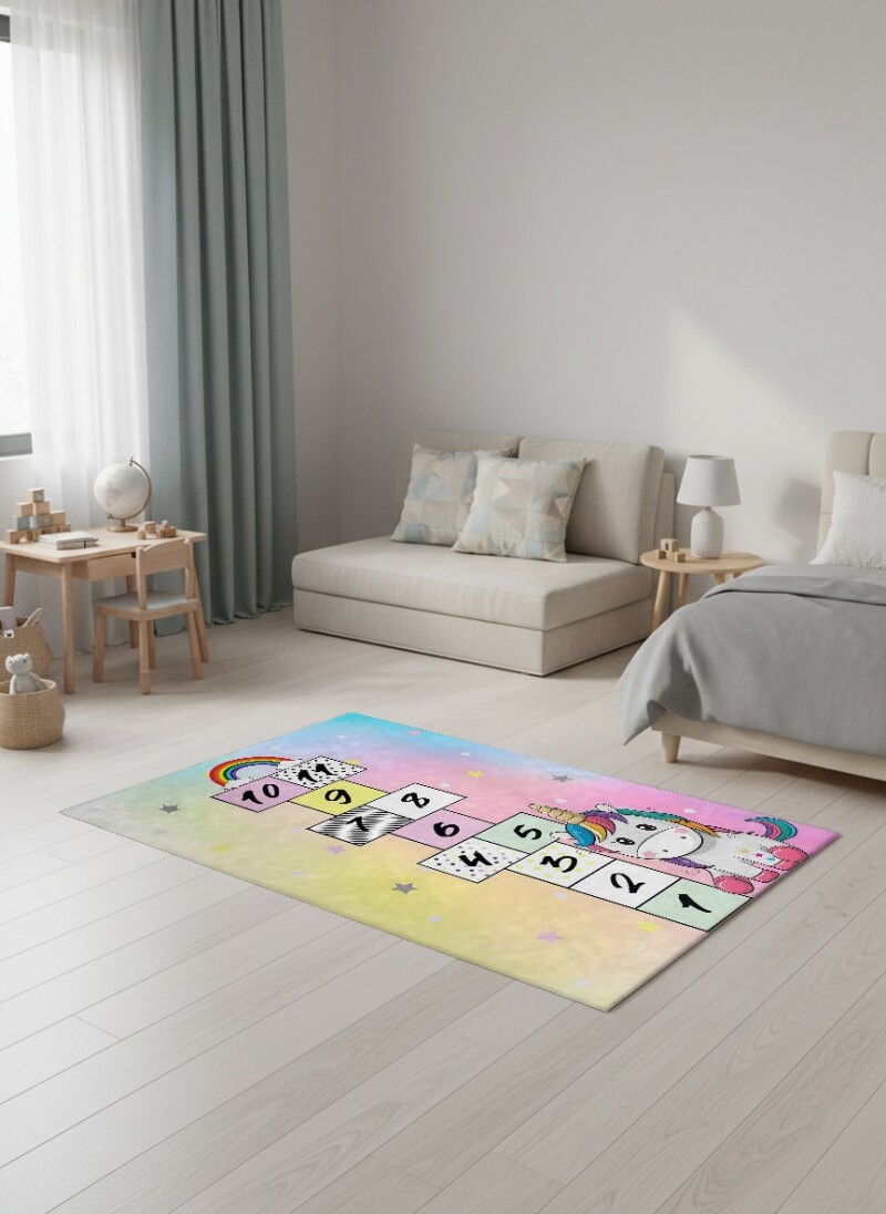 Çocuk Odası Halısı Seksek Desenli Unicorn Gökkuşağı – Unicorn & Gökkuşağı Temalı Antibakteriyel Oyun Halısı