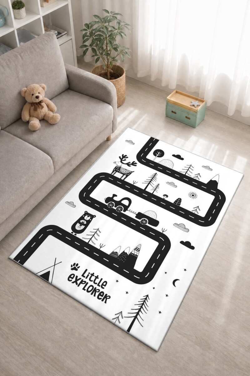 Çocuk Odası Halısı Little Explorer Yol Haritası Desenli Beyaz – Doğa Macera Temalı Skandinav Antibakteriyel Oyun Halısı