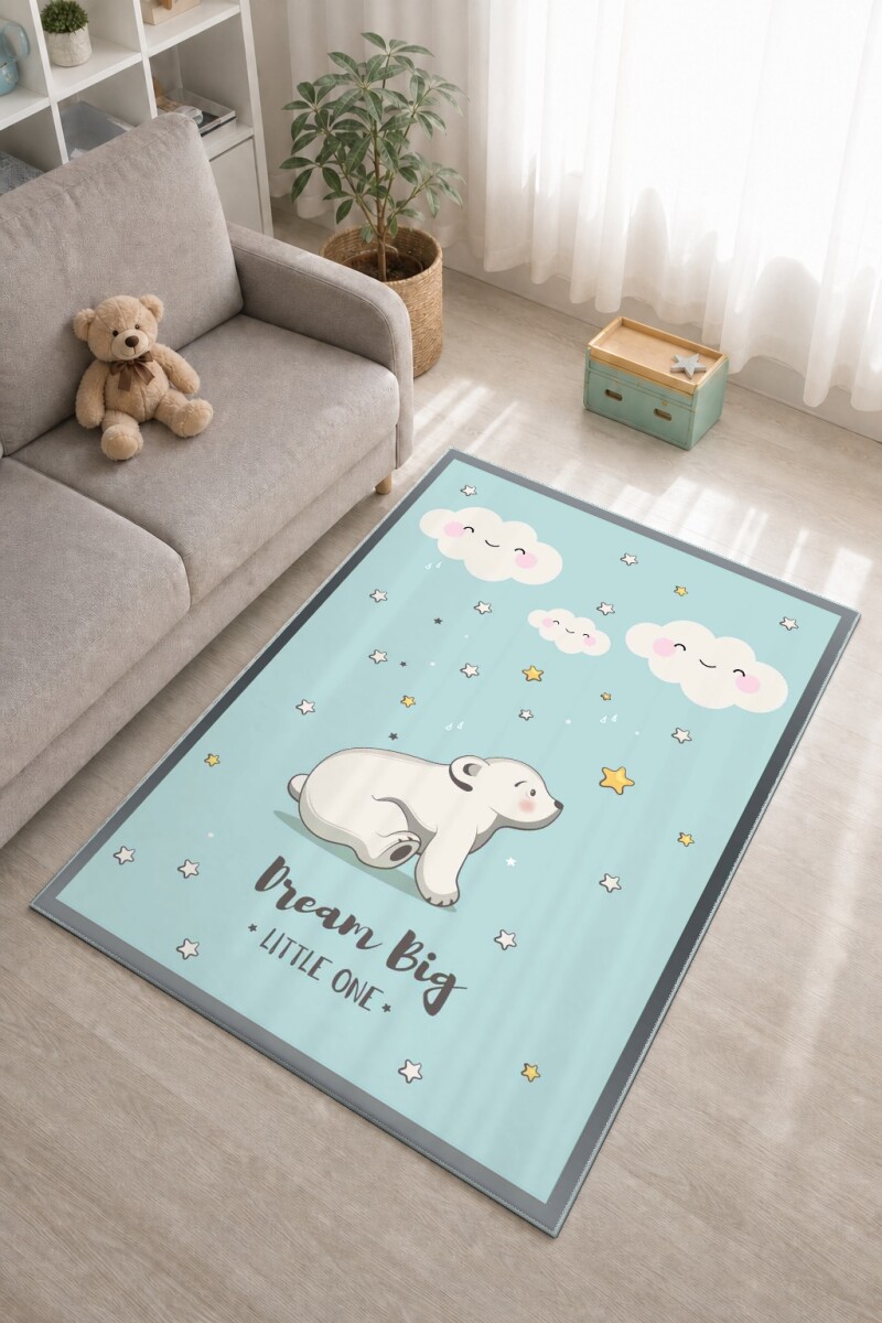 Çocuk Odası Halısı Dream Big Little One Desenli – Kutup Ayısı Gülen Bulut Temalı Antibakteriyel Oyun Halısı