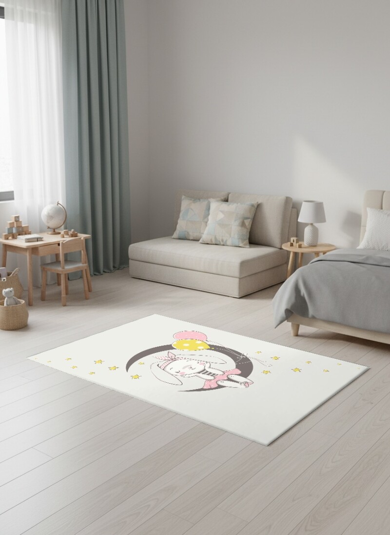 Çocuk Odası Halısı Ay Üzerinde Tavşan Desenli – Pastel Balon ve Yıldız Temalı Dekoratif Antibakteriyel Oyun Halısı