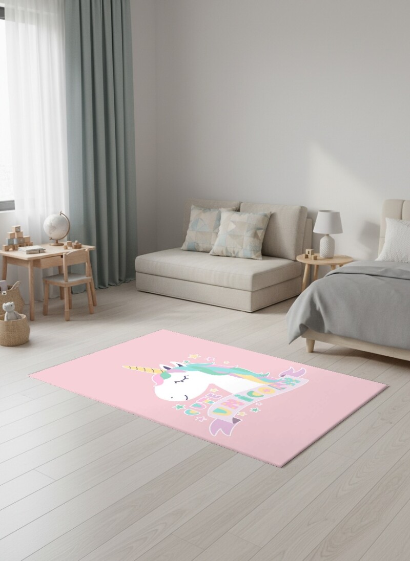 Çocuk Odası Halısı Cute Unicorn Desenli Pembe – Pastel Yeleli Tek Boynuzlu At Kurdele Temalı Antibakteriyel Oyun Halısı