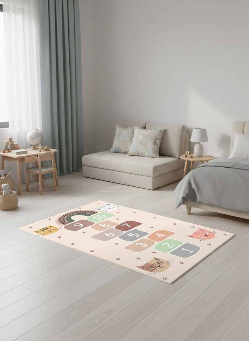 Çocuk Odası Halısı Seksek Kedi ve Gökkuşağı Oyun Alanı – Kedi Temalı Antibakteriyel Oyun Halısı