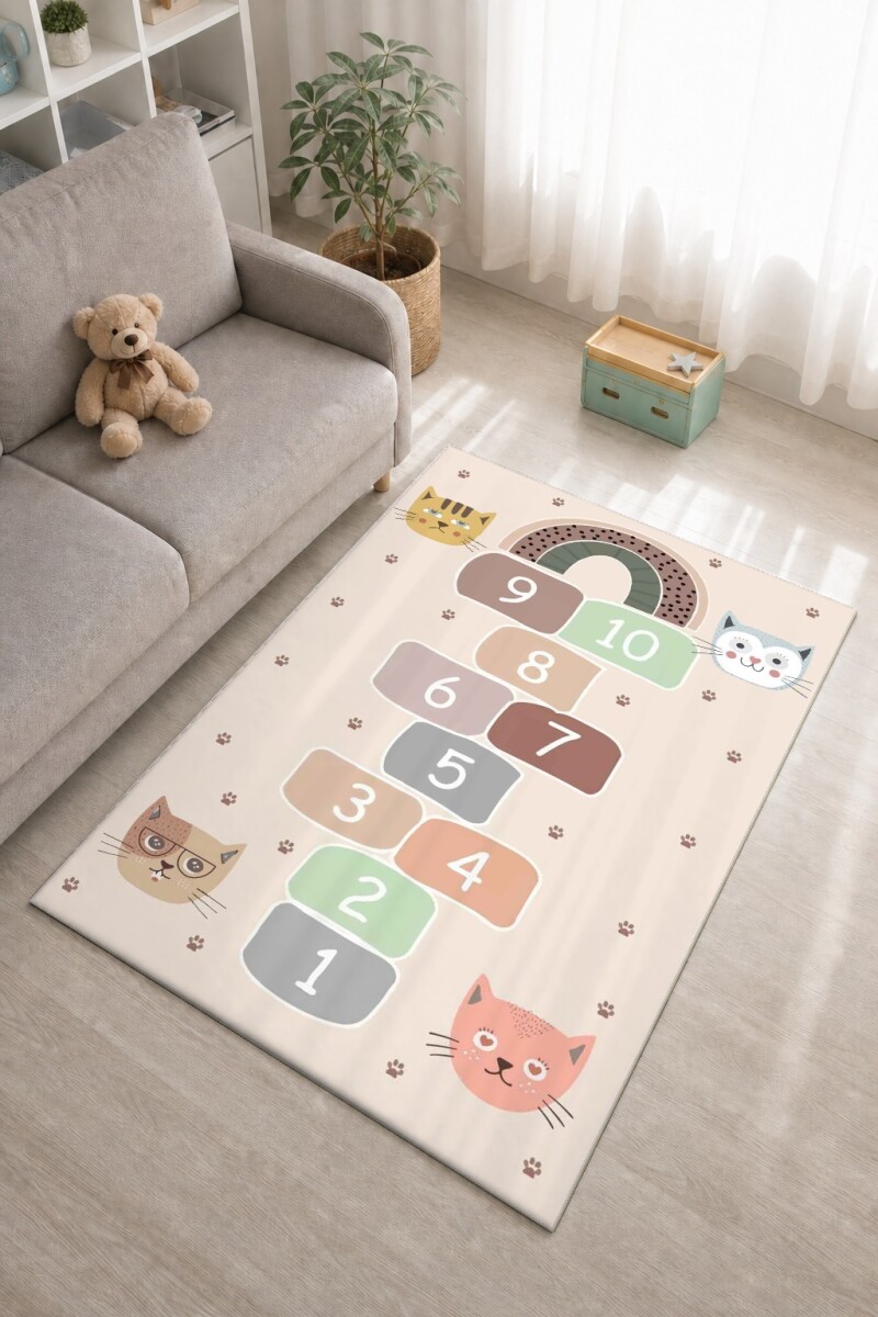 Çocuk Odası Halısı Seksek Kedi ve Gökkuşağı Oyun Alanı – Kedi Temalı Antibakteriyel Oyun Halısı