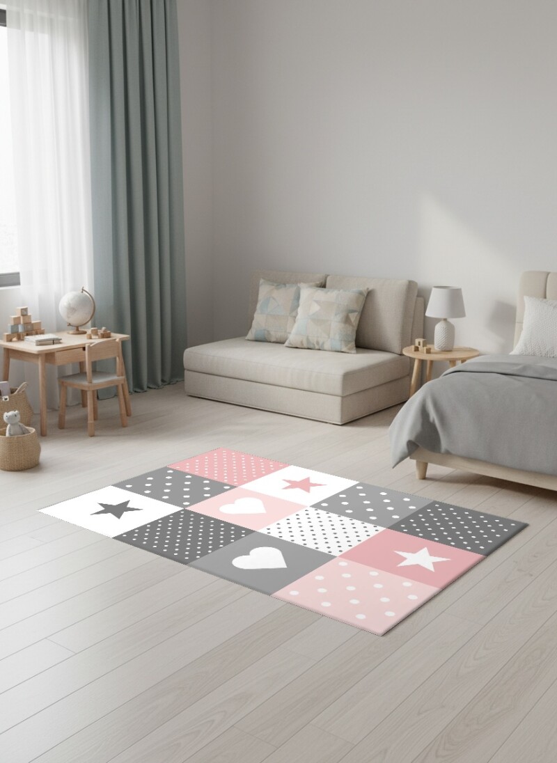 Çocuk Odası Halısı Patchwork Yıldız Kalp Desenli Pembe Gri – Patchwork Temalı Antibakteriyel Oyun Halısı