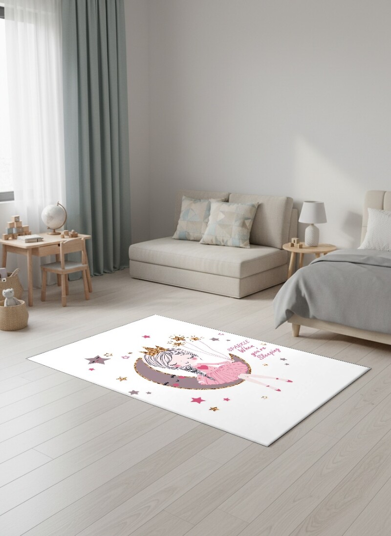 Çocuk Odası Halısı Sparkle Prenses Kız Desenli – Ay Üzerinde Altın Taçlı Dekoratif Antibakteriyel Oyun Halısı