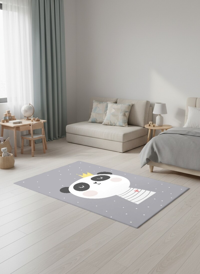 Çocuk Odası Halısı Sevimli Panda Desenli Gri – Taç Giyen Panda Karakterli Dekoratif Antibakteriyel Oyun Halısı