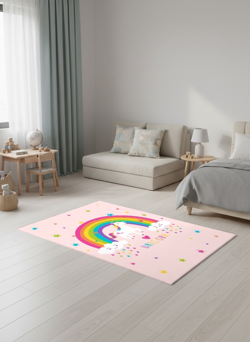 Çocuk Odası Halısı I Love Unicorn Gökkuşağı – Unicorn Temalı Antibakteriyel Oyun Halısı