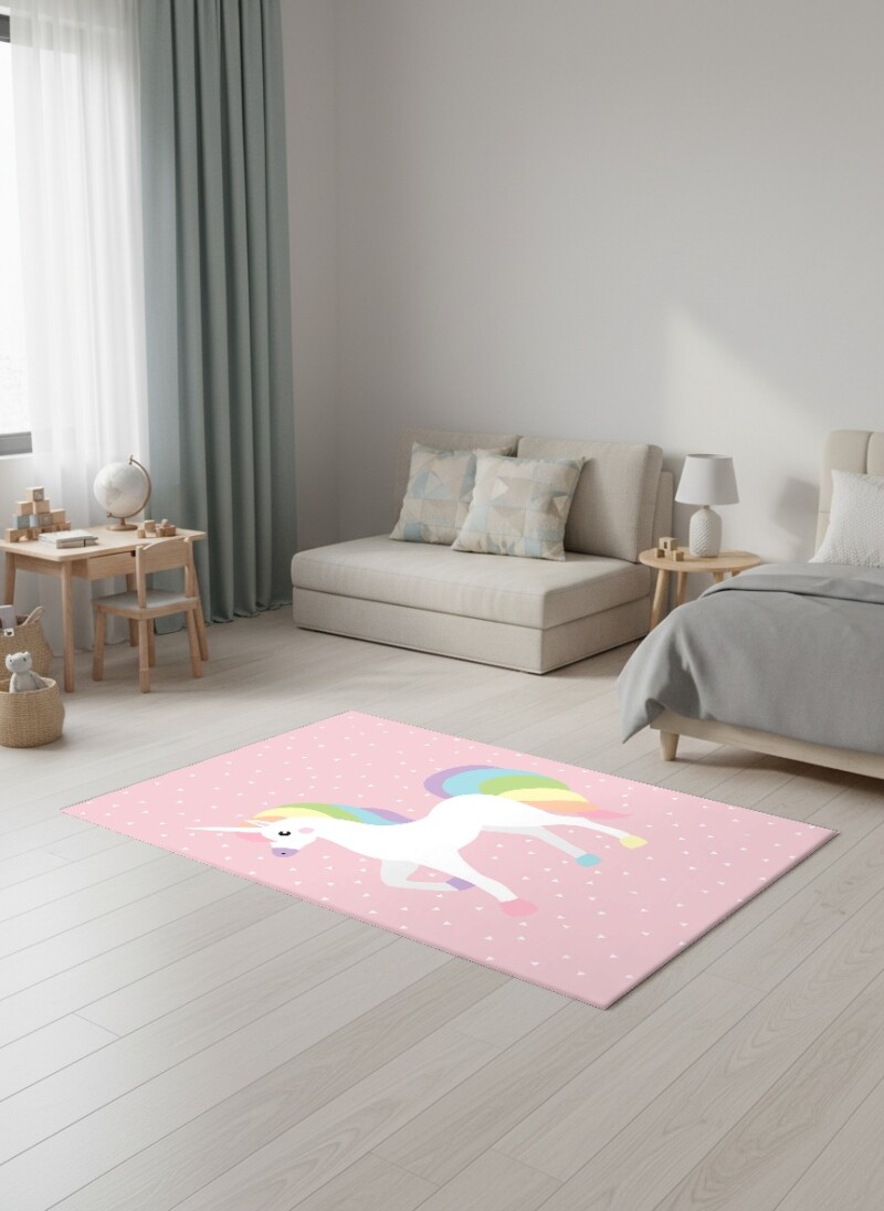 Çocuk Odası Halısı Unicorn Desenli Pembe – Gökkuşağı Yeleli Tek Boynuzlu At Dekoratif Antibakteriyel Oyun Halısı