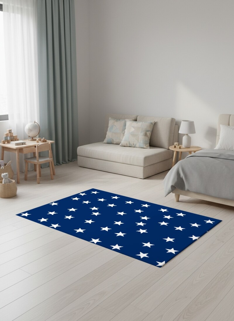 Çocuk Odası Halısı Yıldızlar Desenli Lacivert – Minimalist Yıldız Temalı Antibakteriyel Oyun Halısı