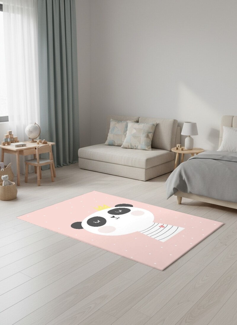 Çocuk Odası Halısı Sevimli Panda Desenli Pembe – Taç Giyen Panda Karakterli Dekoratif Antibakteriyel Oyun Halısı