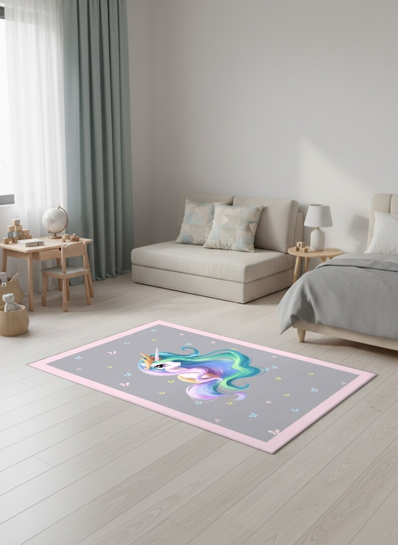 Çocuk Odası Halısı Taçlı Unicorn Portresi Gri – Unicorn & Kelebek Temalı Antibakteriyel Oyun Halısı
