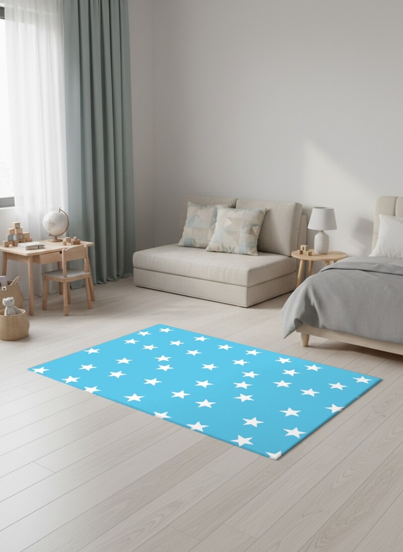 Çocuk Odası Halısı Yıldızlar Desenli Mavi – Minimalist Yıldız Temalı Antibakteriyel Oyun Halısı