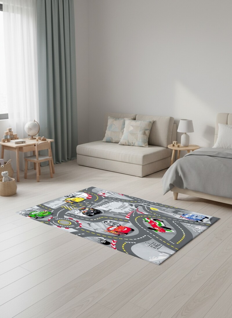 Çocuk Odası Halısı Yarış Arabası Pisti Harita Desenli – Cars Temalı Araç Yol Antibakteriyel Oyun Halısı