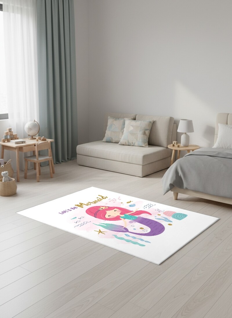 Çocuk Odası Halısı Let's Be Mermaid Desenli Beyaz – Denizkızı Deniz Temalı Dekoratif Antibakteriyel Oyun Halısı