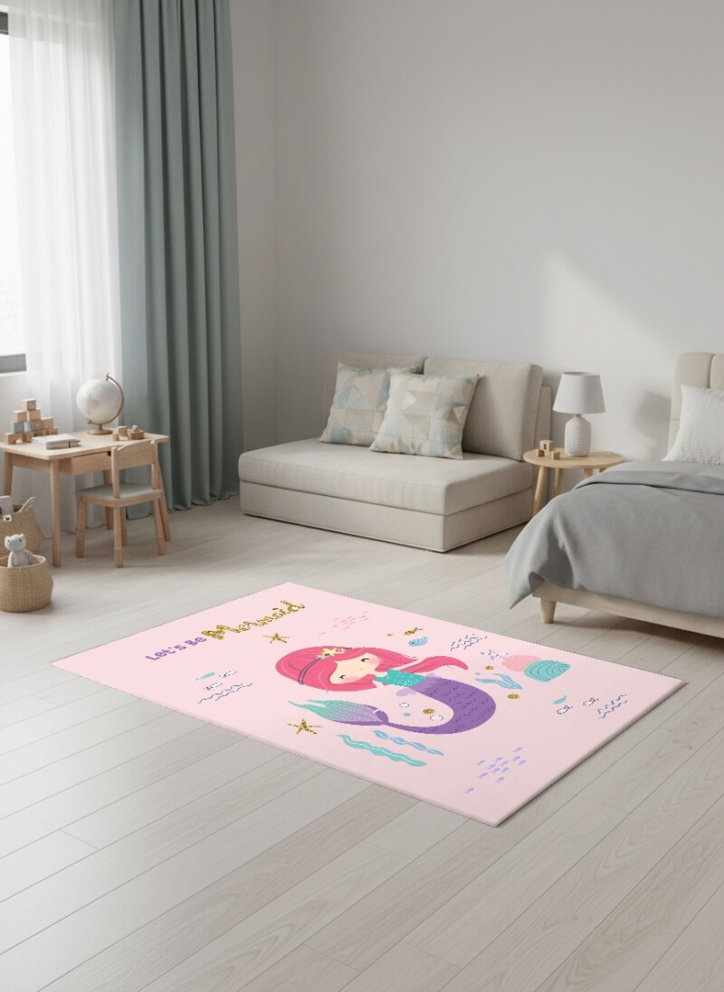 Çocuk Odası Halısı Let's Be Mermaid Desenli Pembe – Denizkızı Deniz Temalı Dekoratif Antibakteriyel Oyun Halısı