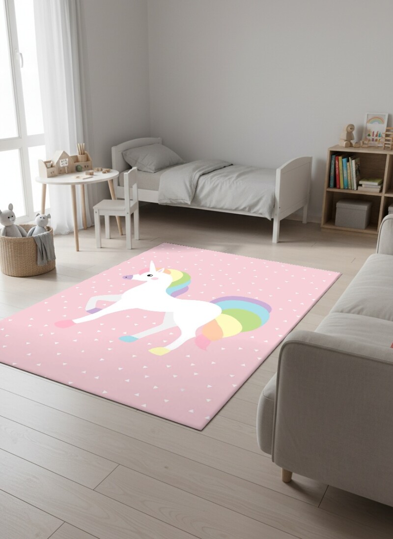 Çocuk Odası Halısı Unicorn Desenli Pembe – Gökkuşağı Yeleli Tek Boynuzlu At Dekoratif Antibakteriyel Oyun Halısı