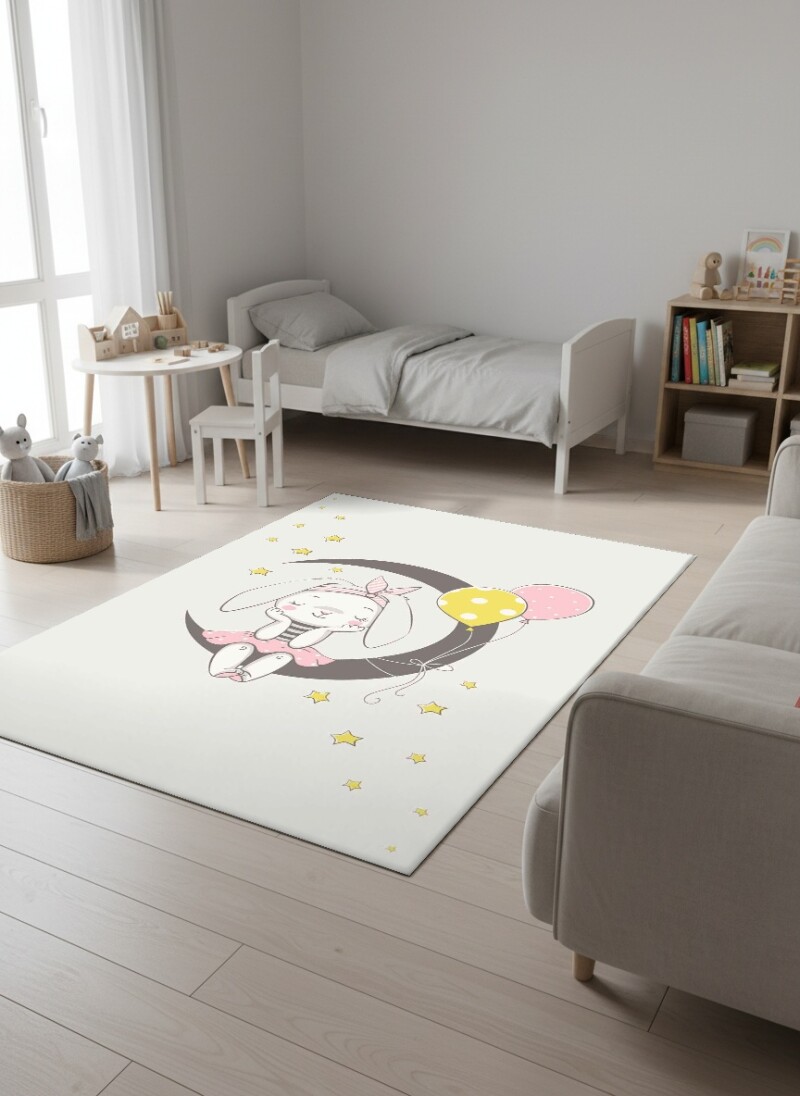 Çocuk Odası Halısı Ay Üzerinde Tavşan Desenli – Pastel Balon ve Yıldız Temalı Dekoratif Antibakteriyel Oyun Halısı