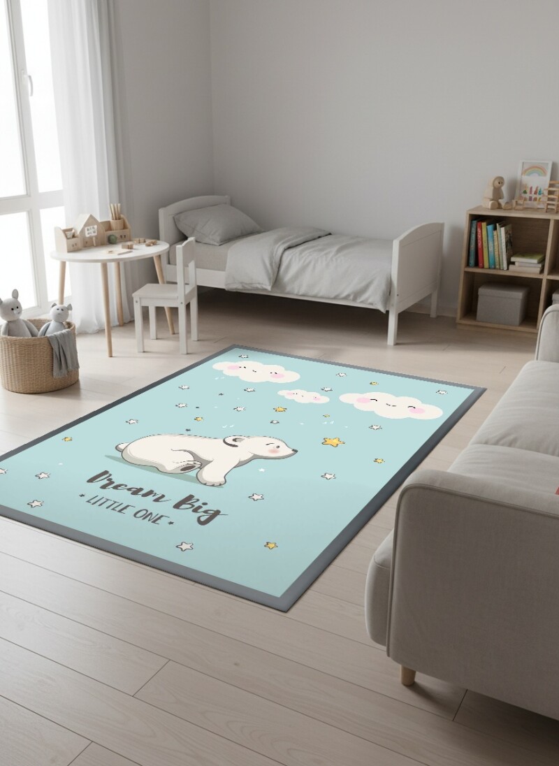Çocuk Odası Halısı Dream Big Little One Desenli – Kutup Ayısı Gülen Bulut Temalı Antibakteriyel Oyun Halısı