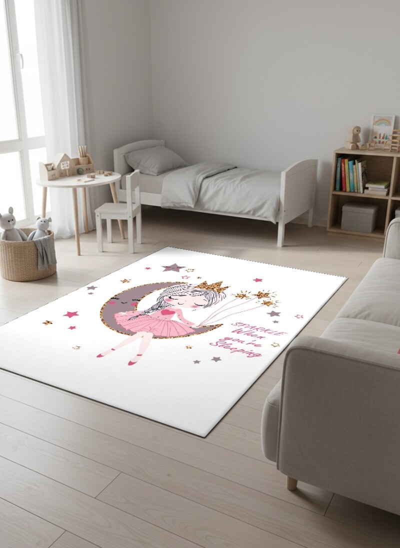 Çocuk Odası Halısı Sparkle Prenses Kız Desenli – Ay Üzerinde Altın Taçlı Dekoratif Antibakteriyel Oyun Halısı