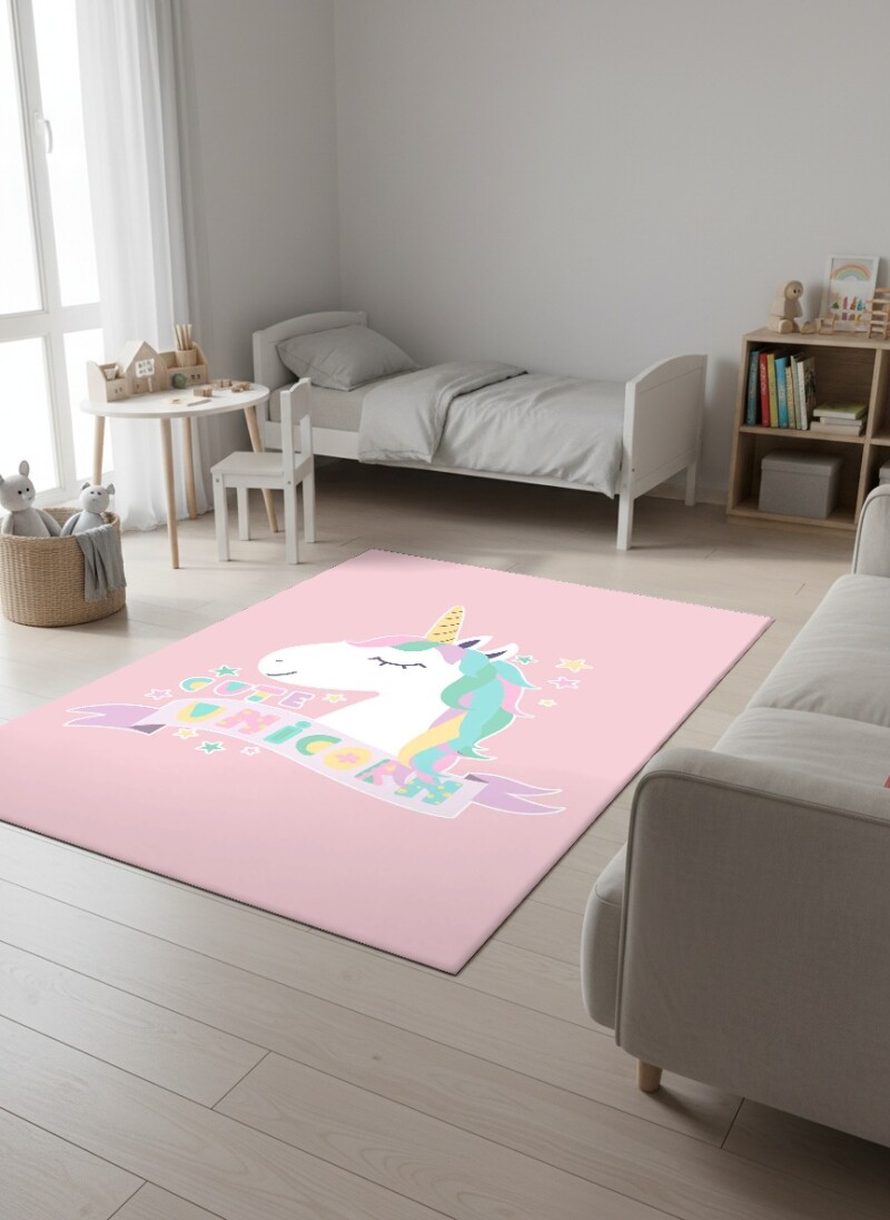 Çocuk Odası Halısı Cute Unicorn Desenli Pembe – Pastel Yeleli Tek Boynuzlu At Kurdele Temalı Antibakteriyel Oyun Halısı