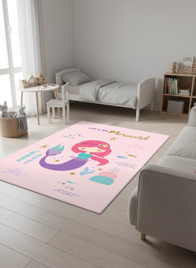 Çocuk Odası Halısı Let's Be Mermaid Desenli Pembe – Denizkızı Deniz Temalı Dekoratif Antibakteriyel Oyun Halısı