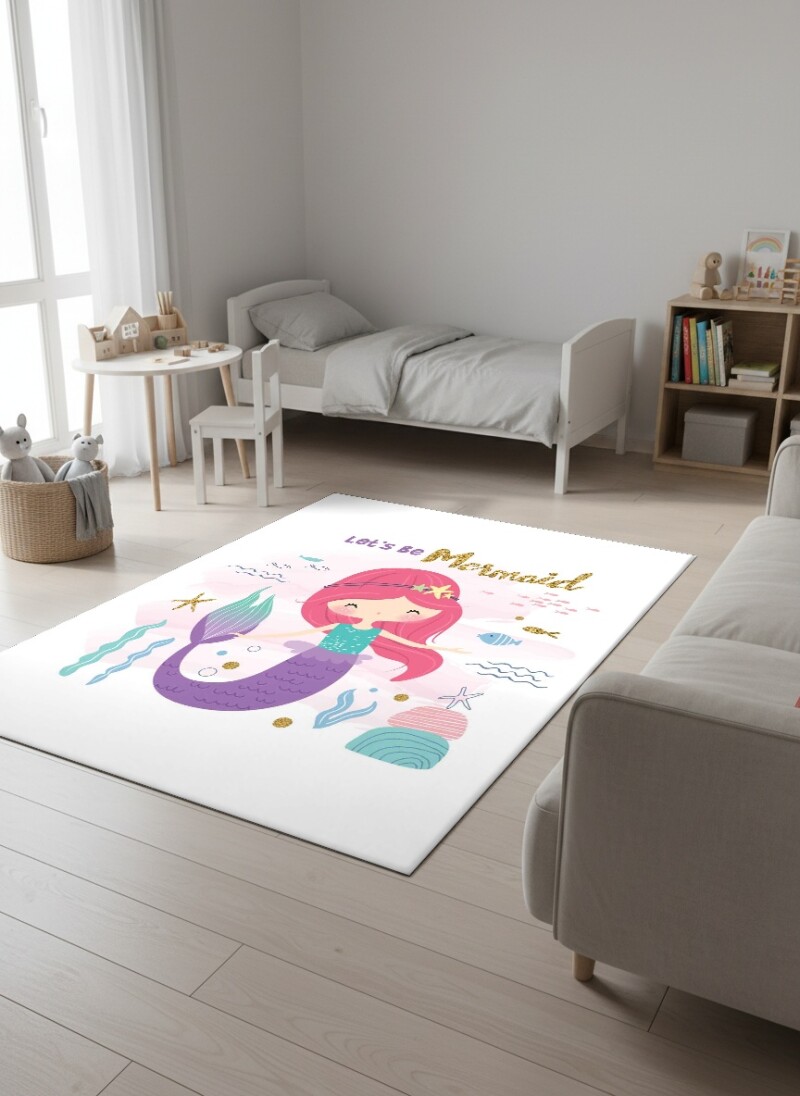 Çocuk Odası Halısı Let's Be Mermaid Desenli Beyaz – Denizkızı Deniz Temalı Dekoratif Antibakteriyel Oyun Halısı