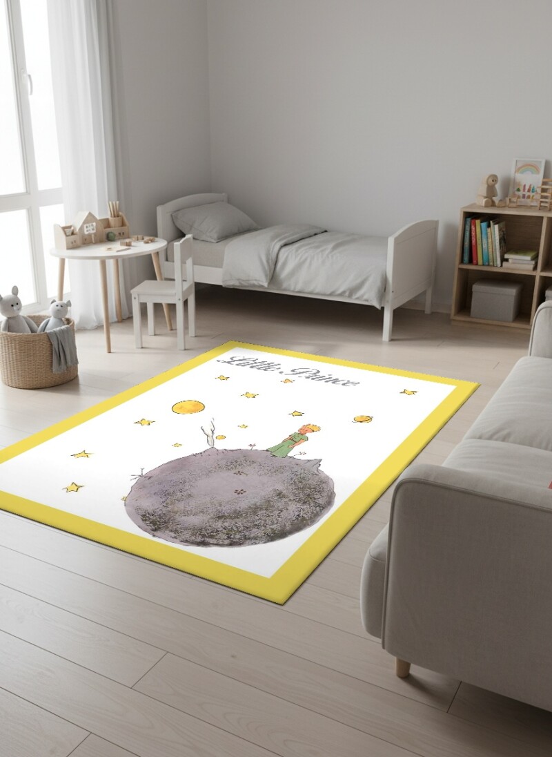 Çocuk Odası Halısı Küçük Prens Desenli – Little Prince Yıldız Gezegen Temalı Dekoratif Antibakteriyel Oyun Halısı