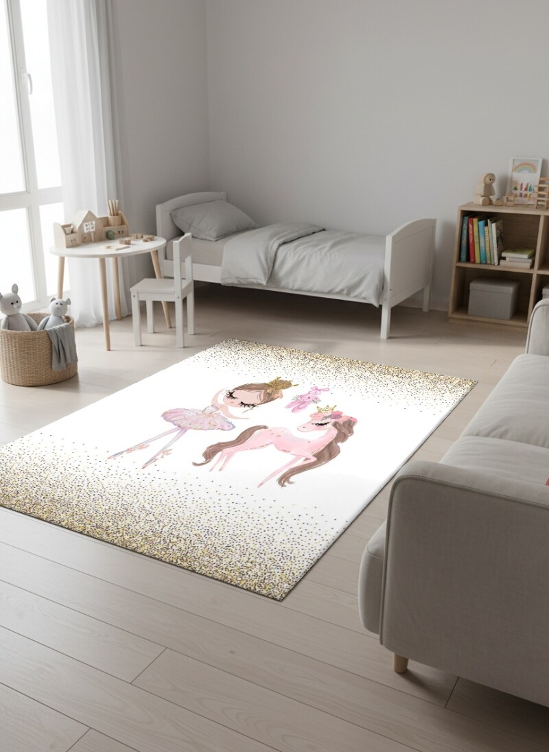 Çocuk Odası Halısı Balerin ve Unicorn Taçlı – Balerin ve Unicorn Temalı Antibakteriyel Oyun Halısı