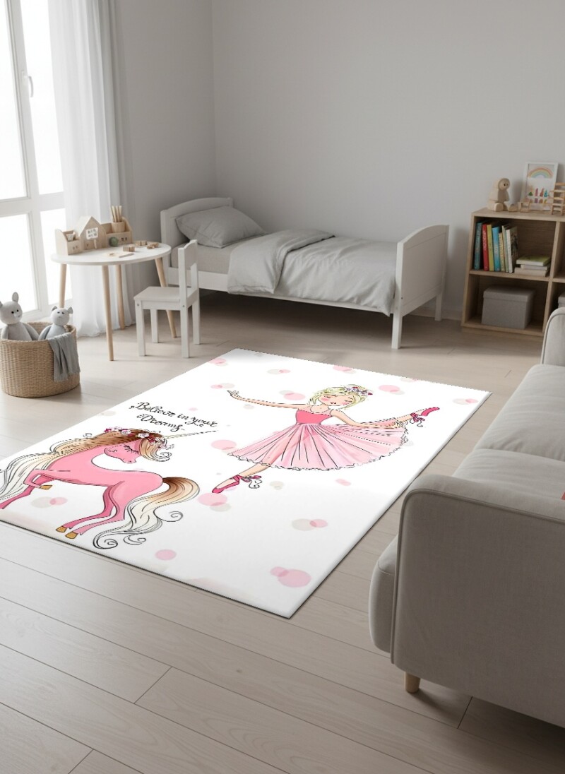 Çocuk Odası Halısı Balerin Kız ve Unicorn Desenli – Balerin & Unicorn Temalı Antibakteriyel Oyun Halısı