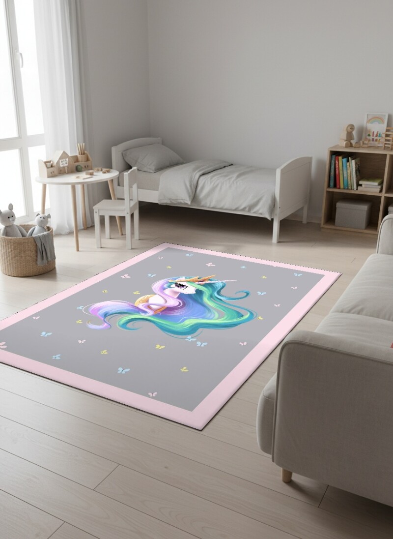 Çocuk Odası Halısı Taçlı Unicorn Portresi Gri – Unicorn & Kelebek Temalı Antibakteriyel Oyun Halısı