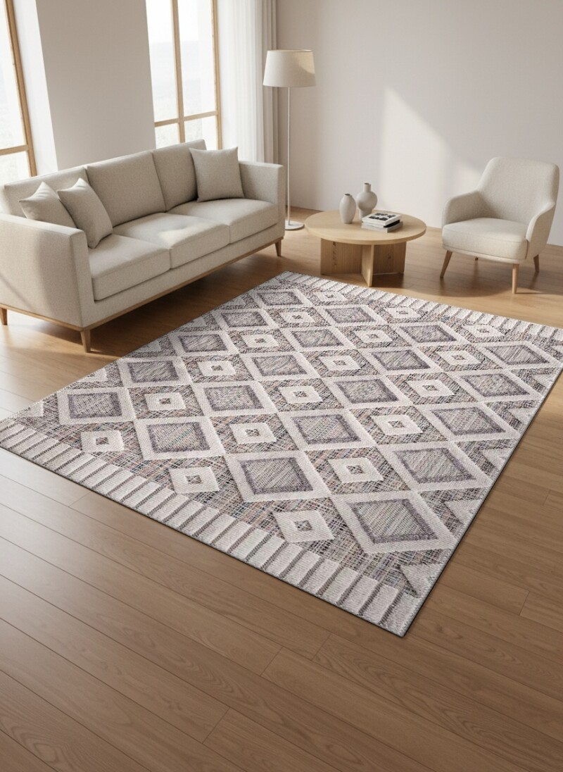 Nordic Geometrik Elmas Desenli Dekoratif Salon Halısı – Gri Krem