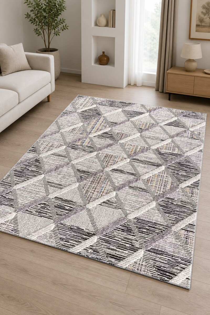 Modern Diyagonal Geometrik Desenli Dekoratif Salon Halısı – Antrasit Gri