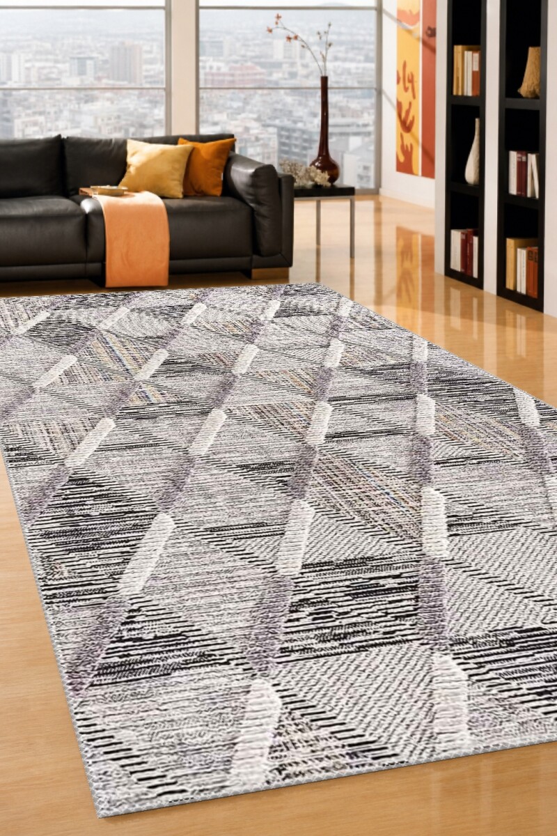 Modern Diyagonal Geometrik Desenli Dekoratif Salon Halısı – Antrasit Gri