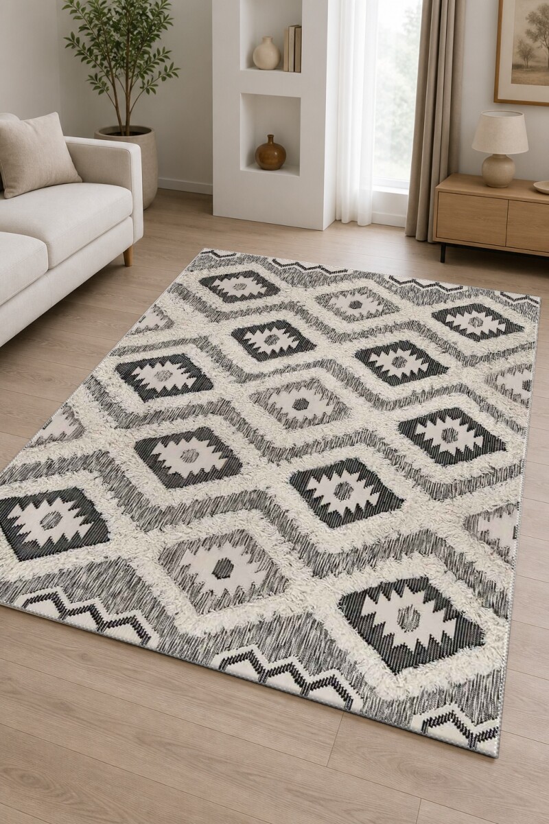 Siyah Beyaz Tribal Kilim Desenli Dekoratif Salon Halısı – Etnik Tüylü Doku