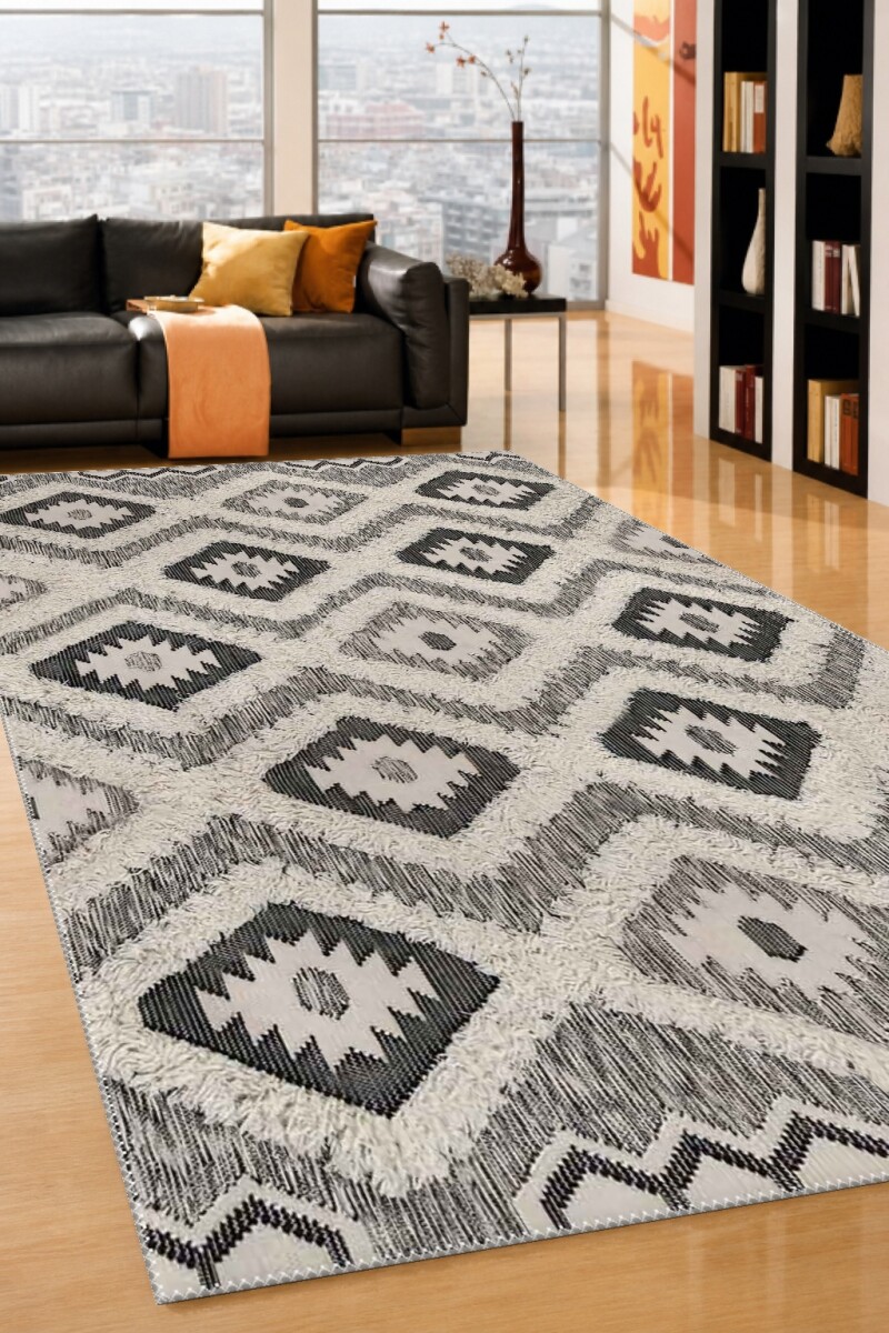 Siyah Beyaz Tribal Kilim Desenli Dekoratif Salon Halısı – Etnik Tüylü Doku