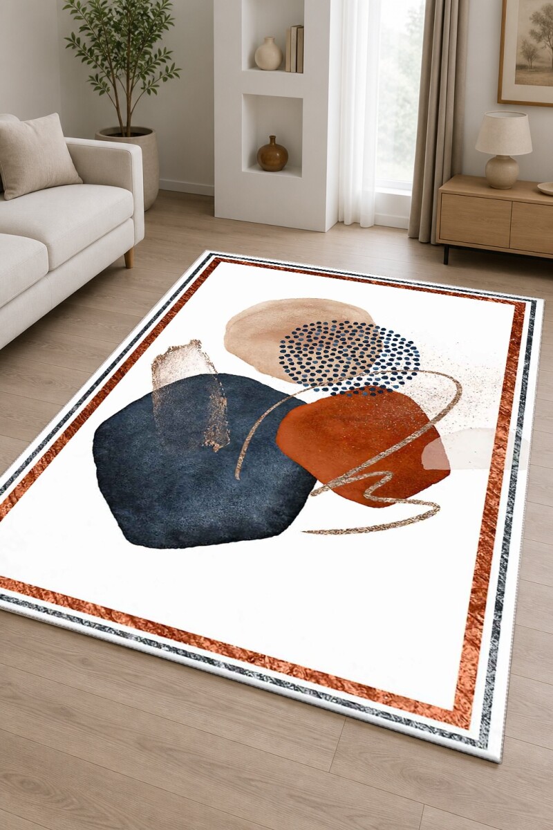 Soyut Suluboya Sanat Baskılı Dekoratif Salon Halısı – Lacivert Terrakota Altın