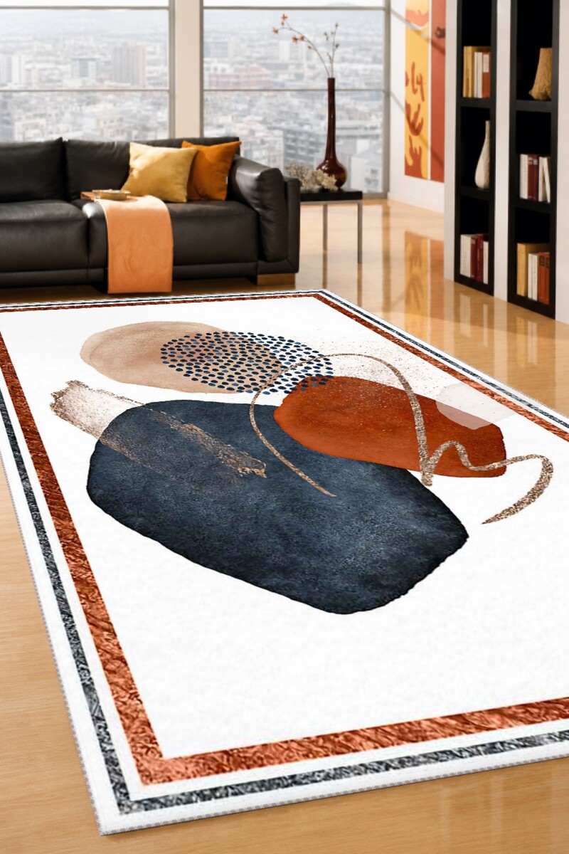Soyut Suluboya Sanat Baskılı Dekoratif Salon Halısı – Lacivert Terrakota Altın