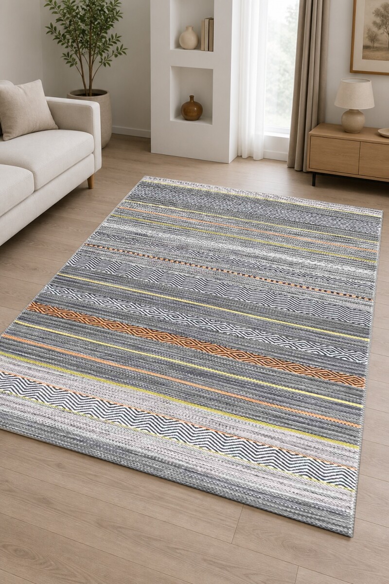 Modern Etnik Kilim Şeritli Dekoratif Salon Halısı – Gri Turuncu Sarı
