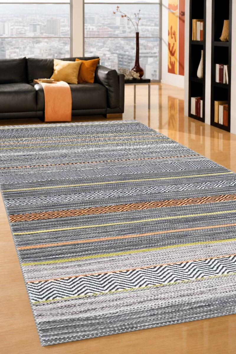 Modern Etnik Kilim Şeritli Dekoratif Salon Halısı – Gri Turuncu Sarı