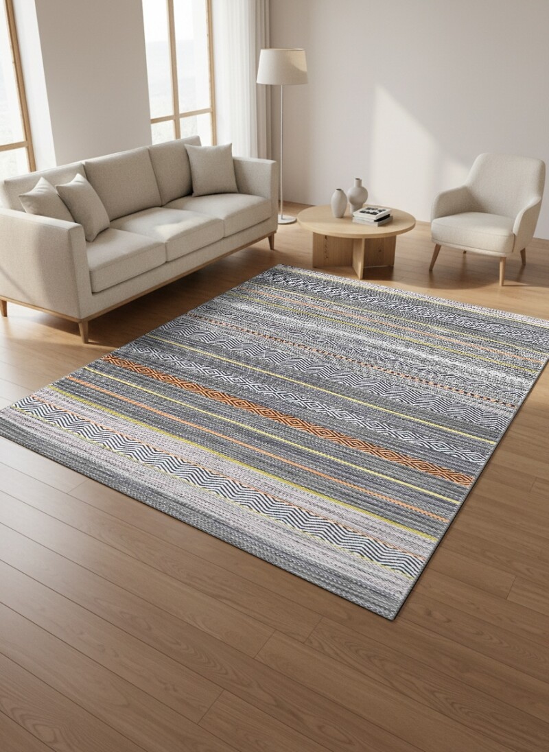 Modern Etnik Kilim Şeritli Dekoratif Salon Halısı – Gri Turuncu Sarı