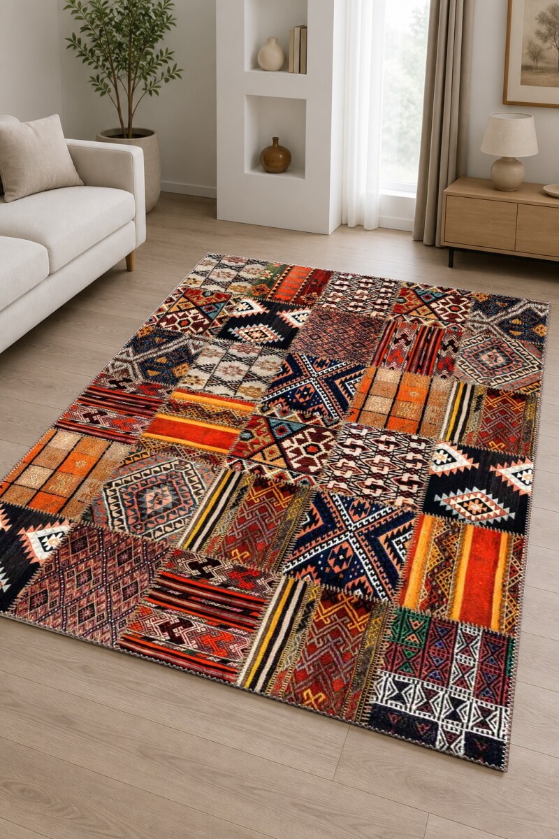 Anadolu Patchwork Kilim Desenli Dekoratif Salon Halısı – Turuncu Kahverengi Etnik