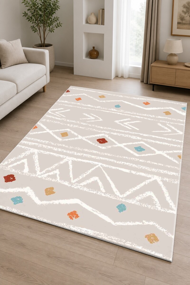 Boho Mud Cloth Tribal Desenli Dekoratif Salon Halısı – Bej Beyaz Renkli Aksan