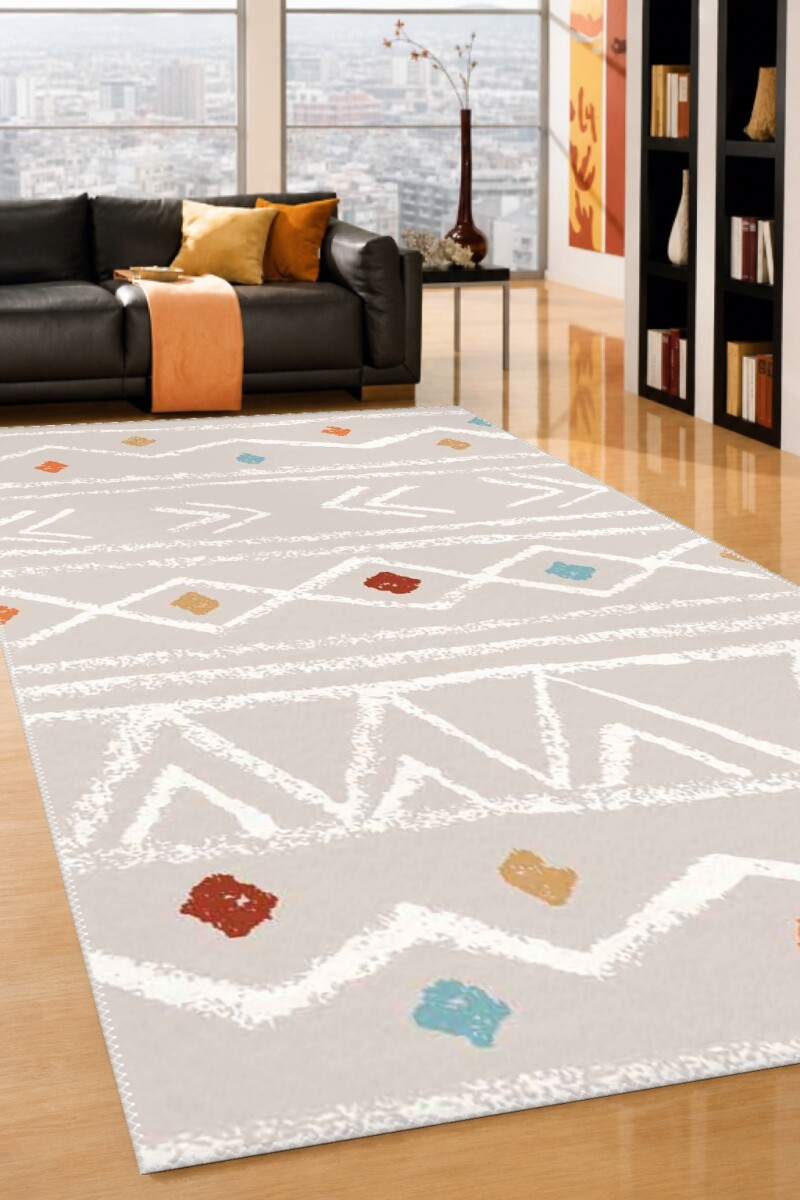 Boho Mud Cloth Tribal Desenli Dekoratif Salon Halısı – Bej Beyaz Renkli Aksan