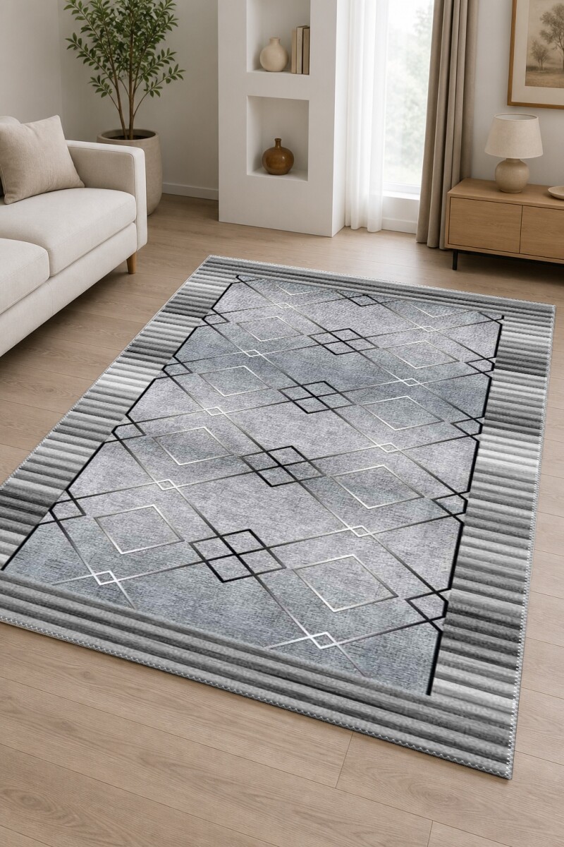 Çizgisel Bordürlü Geometrik Elmas Desenli Dekoratif Salon Halısı – Gri Gümüş