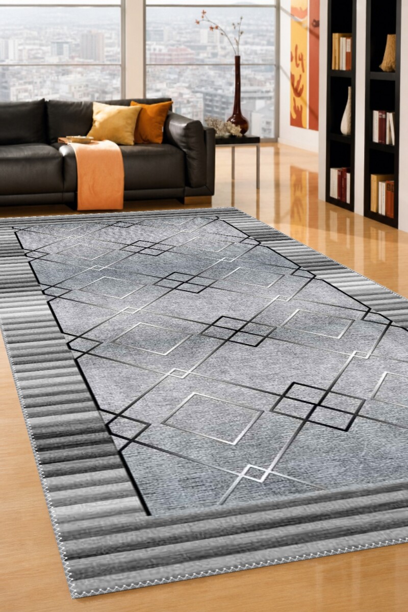 Çizgisel Bordürlü Geometrik Elmas Desenli Dekoratif Salon Halısı – Gri Gümüş