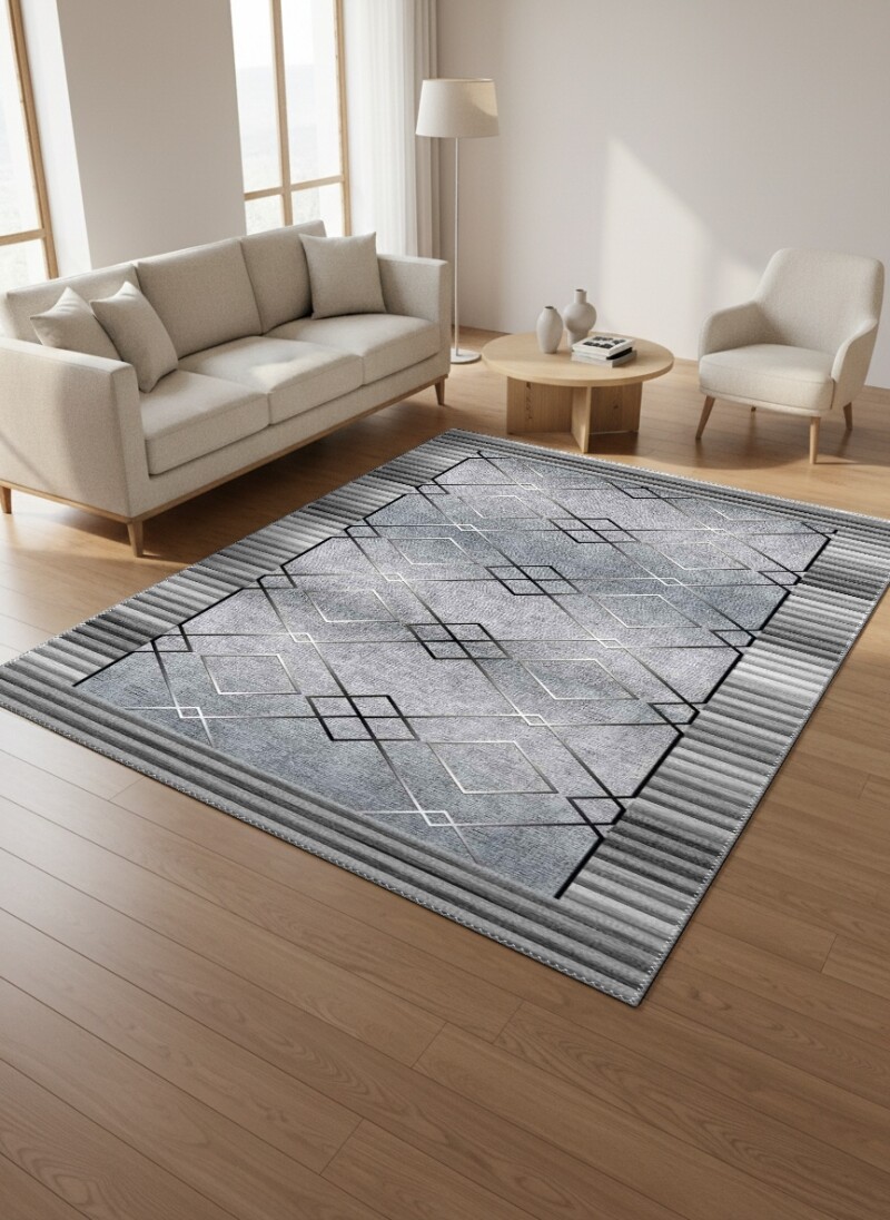 Çizgisel Bordürlü Geometrik Elmas Desenli Dekoratif Salon Halısı – Gri Gümüş