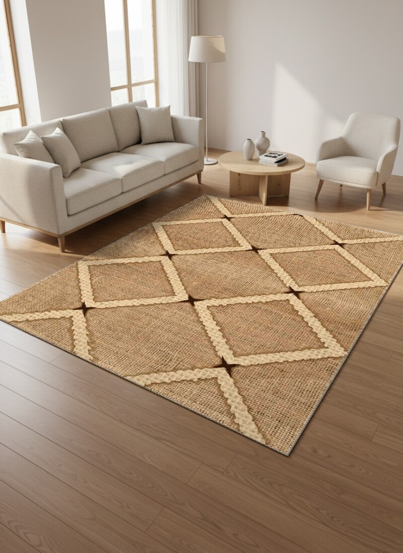 Baklava Elmas Geometrik Tribal Dekoratif Salon Halısı – Krem Kahve